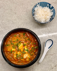 Top view of soondubu jjigae soup